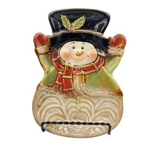 Christmas Snowman Candy Dish Plate Ceramic Pottery Trinket Holly Scarf Green Red